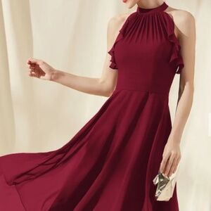 Chiffon dress with A-line scoop tea-length with cascading ruffles